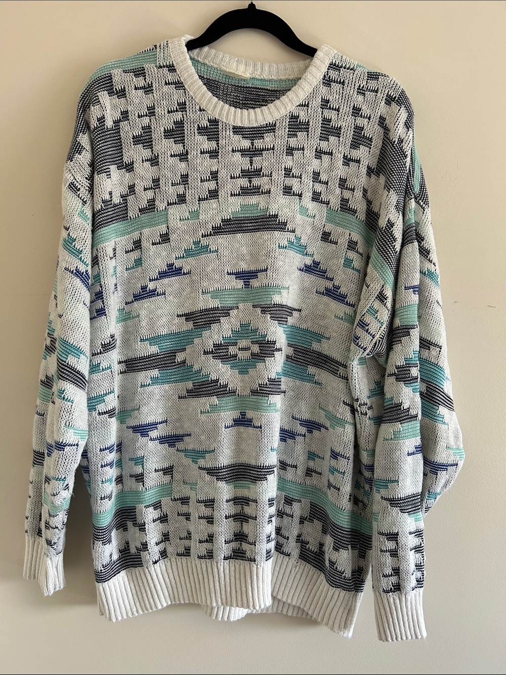 Vintage White Crewneck Sweater with Teal & Navy Geometric Pattern, Size 2x